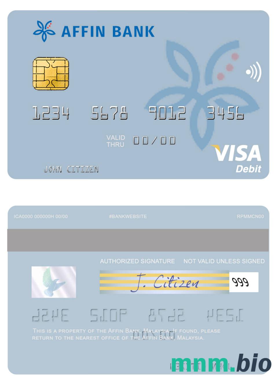 Malaysia Affin Bank visa debet karta przykład w formacie PSD